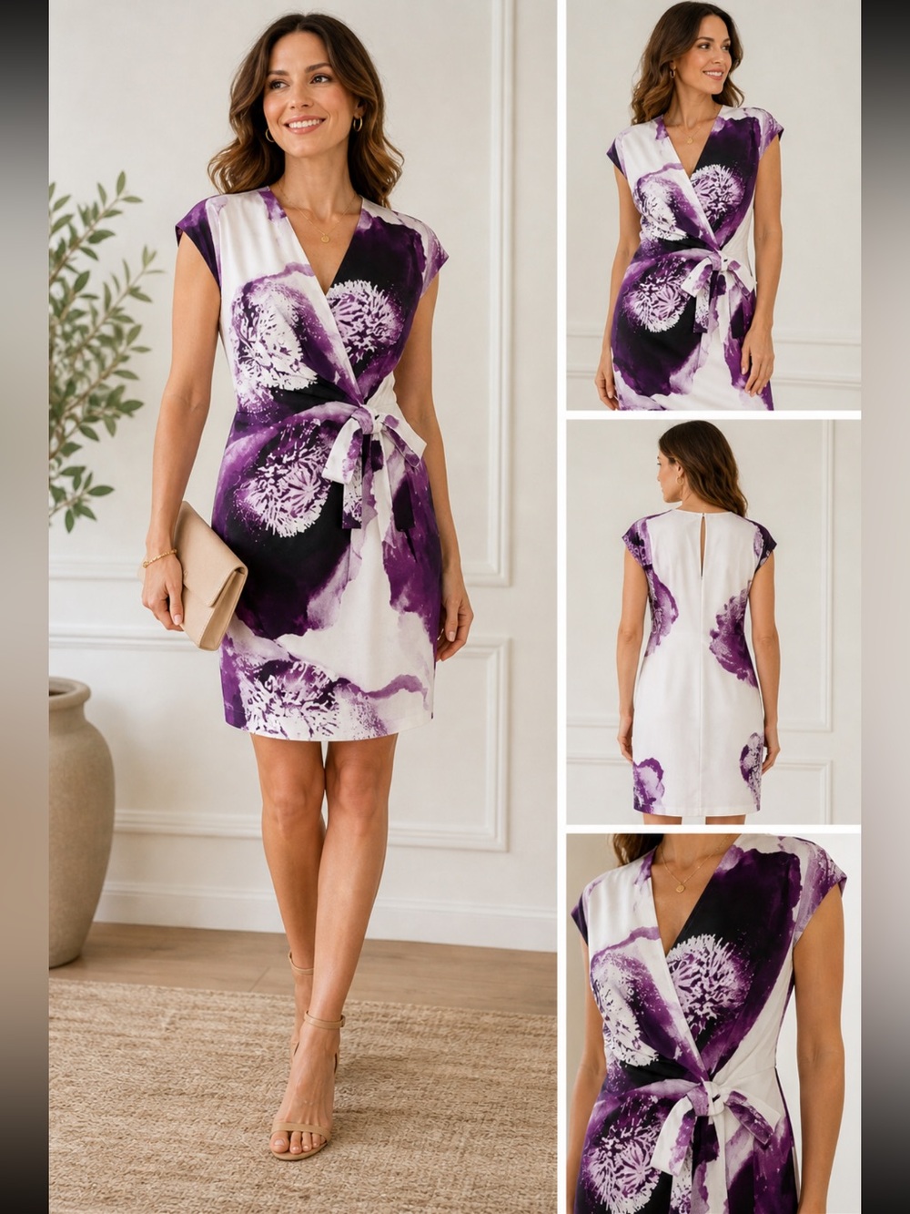 Robert Rodriguez Silk Wrap Dress Purple White Floral Tie Waist Event | Size 12